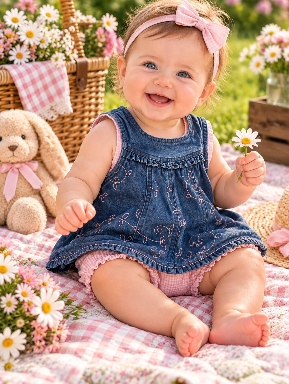Denim Embroidered Jumper w/Pink Seersucker Bloomers, 6-9M